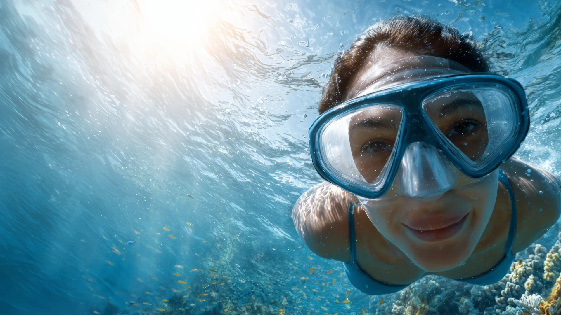 Capa - foto mergulhadora tirando foto com máscara de mergulho, snorkel