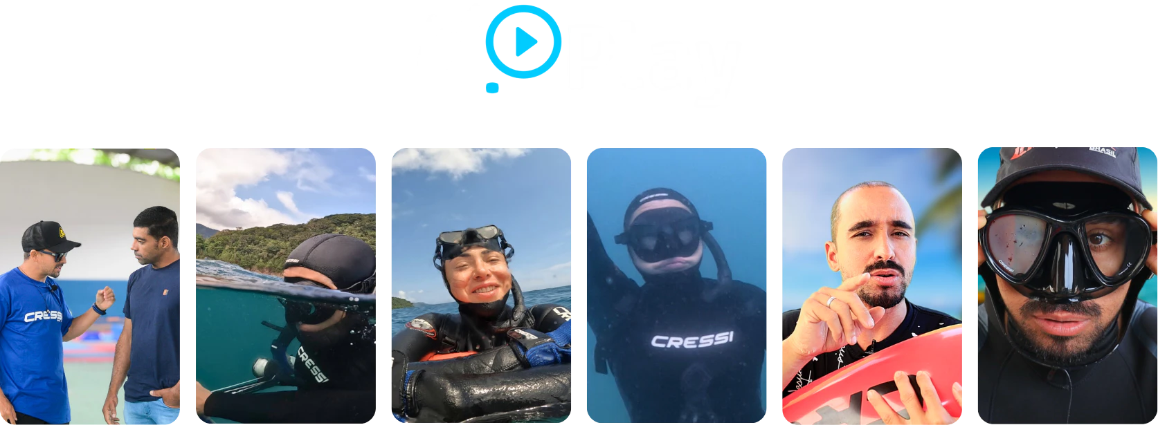 Capa - mergulho play com logo, com várias imagens com trechos de vídeos sobre mergulho livre, pesca sub e apneia