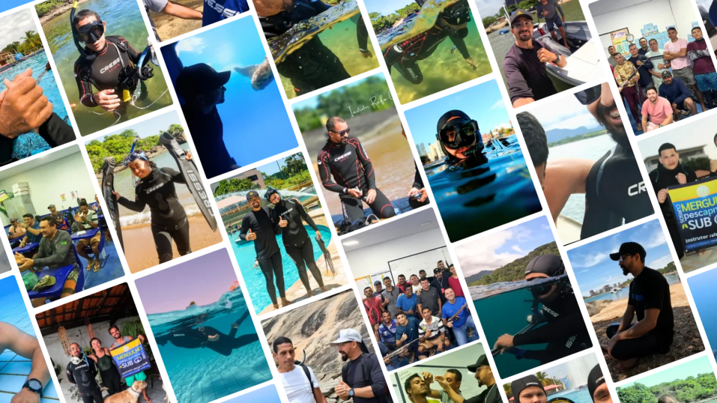Capara mergulho play - fotos com vários alunos e treinamento de apneia, mergulho livre e pesca sub